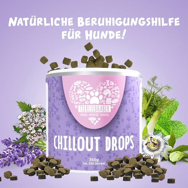 A square-format static ad for dog calming drops, utilizing a soft lavender background and organic botanical imagery to convey natural relief.